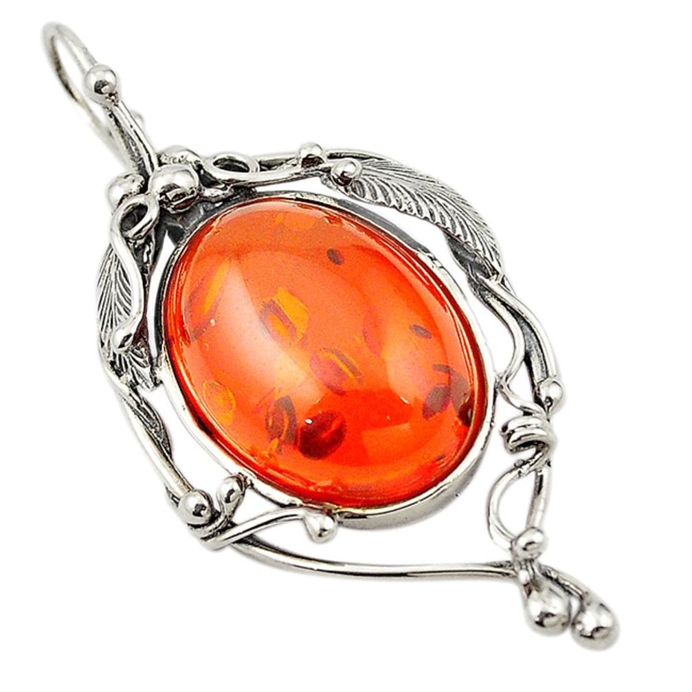Orange amber oval shape 925 sterling silver pendant jewelry a70468