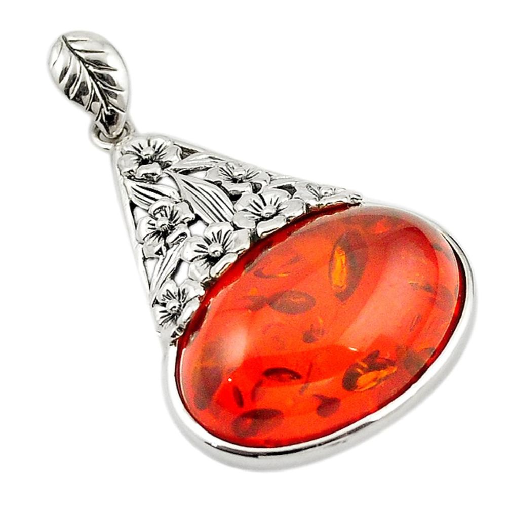 Orange amber oval shape 925 sterling silver pendant jewelry a70528