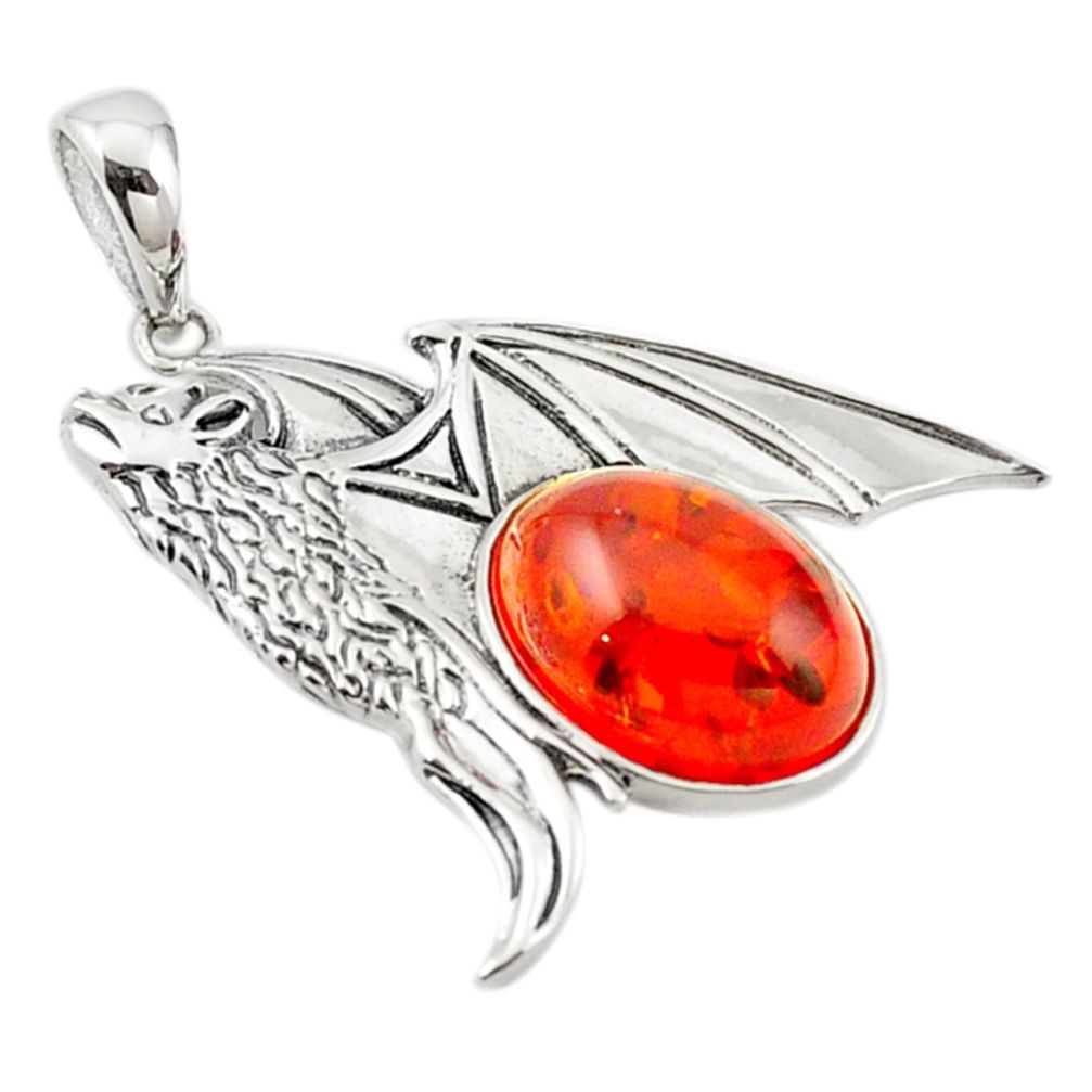 Orange amber 925 sterling silver bat charm pendant jewelry a70543