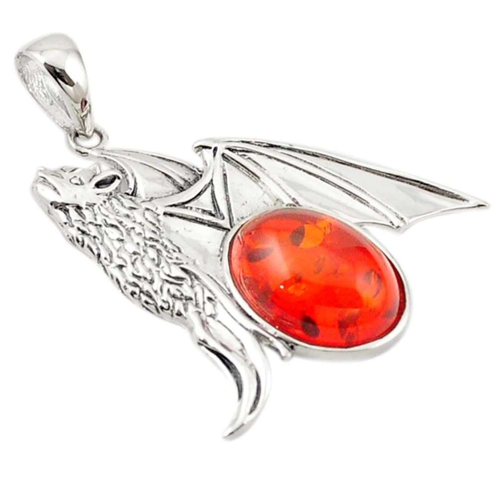 Orange amber 925 sterling silver bat charm pendant jewelry a70545