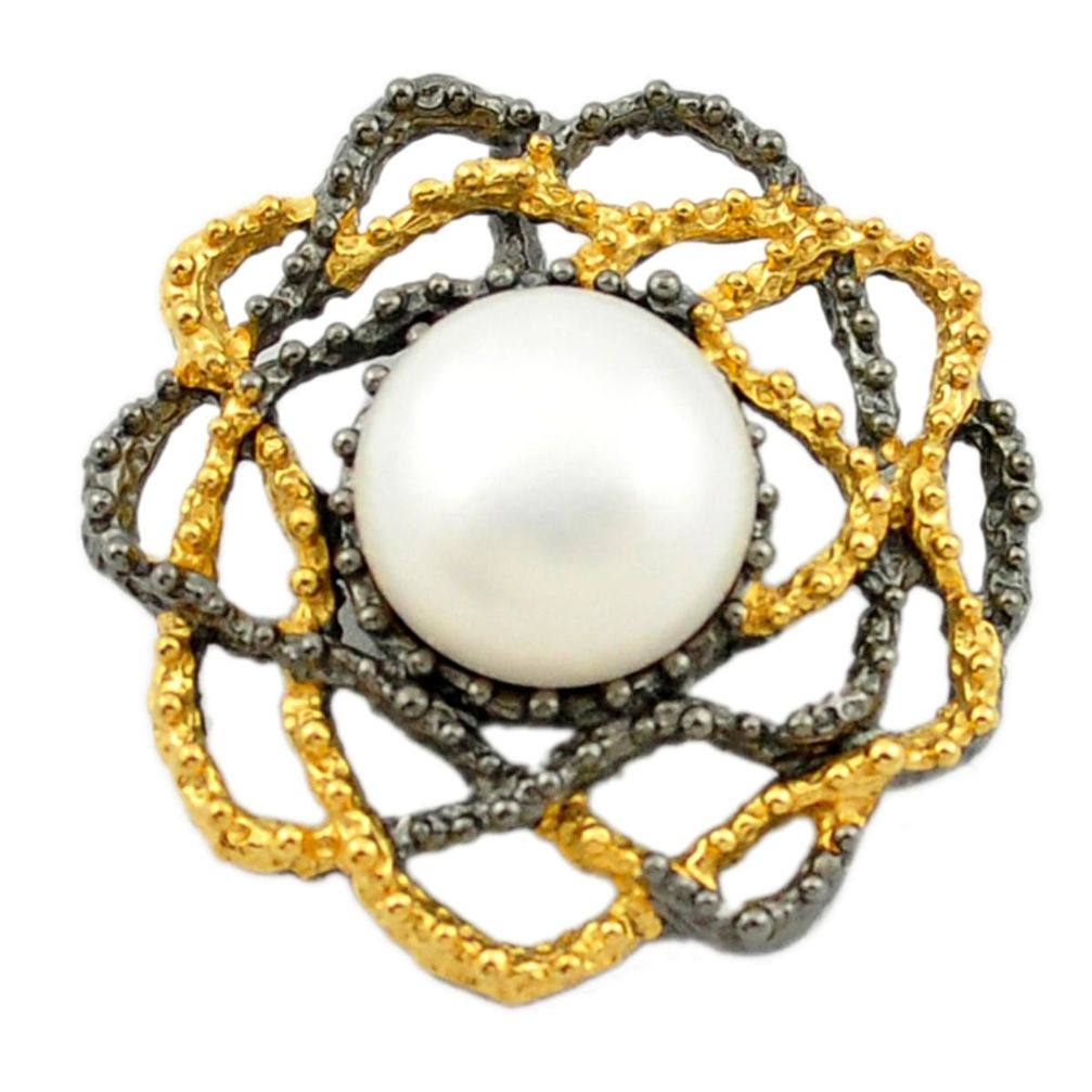 Natural white pearl black rhodium 925 silver 14k gold pendant jewelry a70843