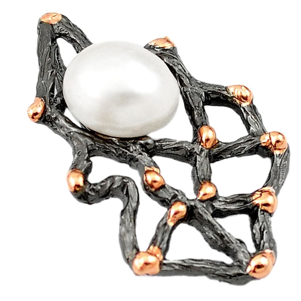 Natural white pearl black rhodium 925 silver 14k rose gold pendant a70881