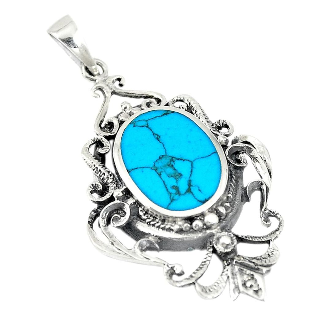 Fine blue turquoise oval 925 sterling silver pendant jewelry a72743