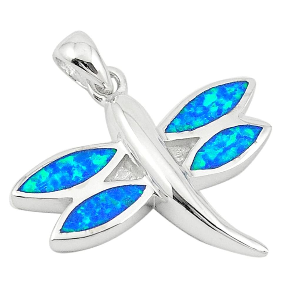 Blue australian opal (lab) enamel 925 silver dragonfly pendant a72833