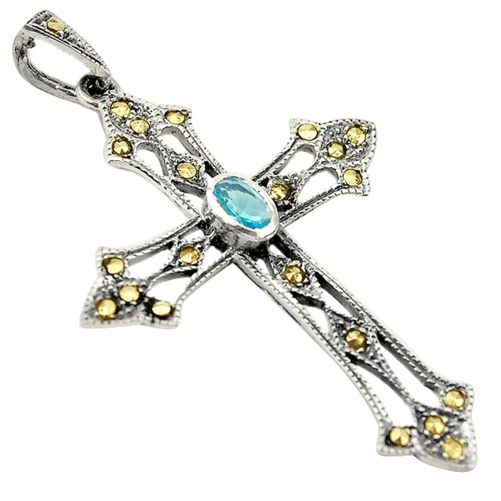 925 sterling silver natural blue topaz marcasite cross pendant jewelry a74059