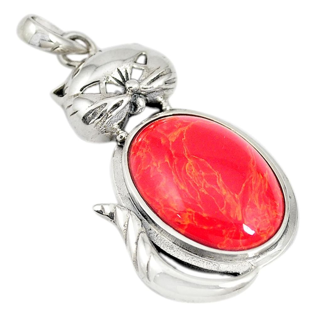 Red coral oval 925 sterling silver cat charm pendant jewelry a74121