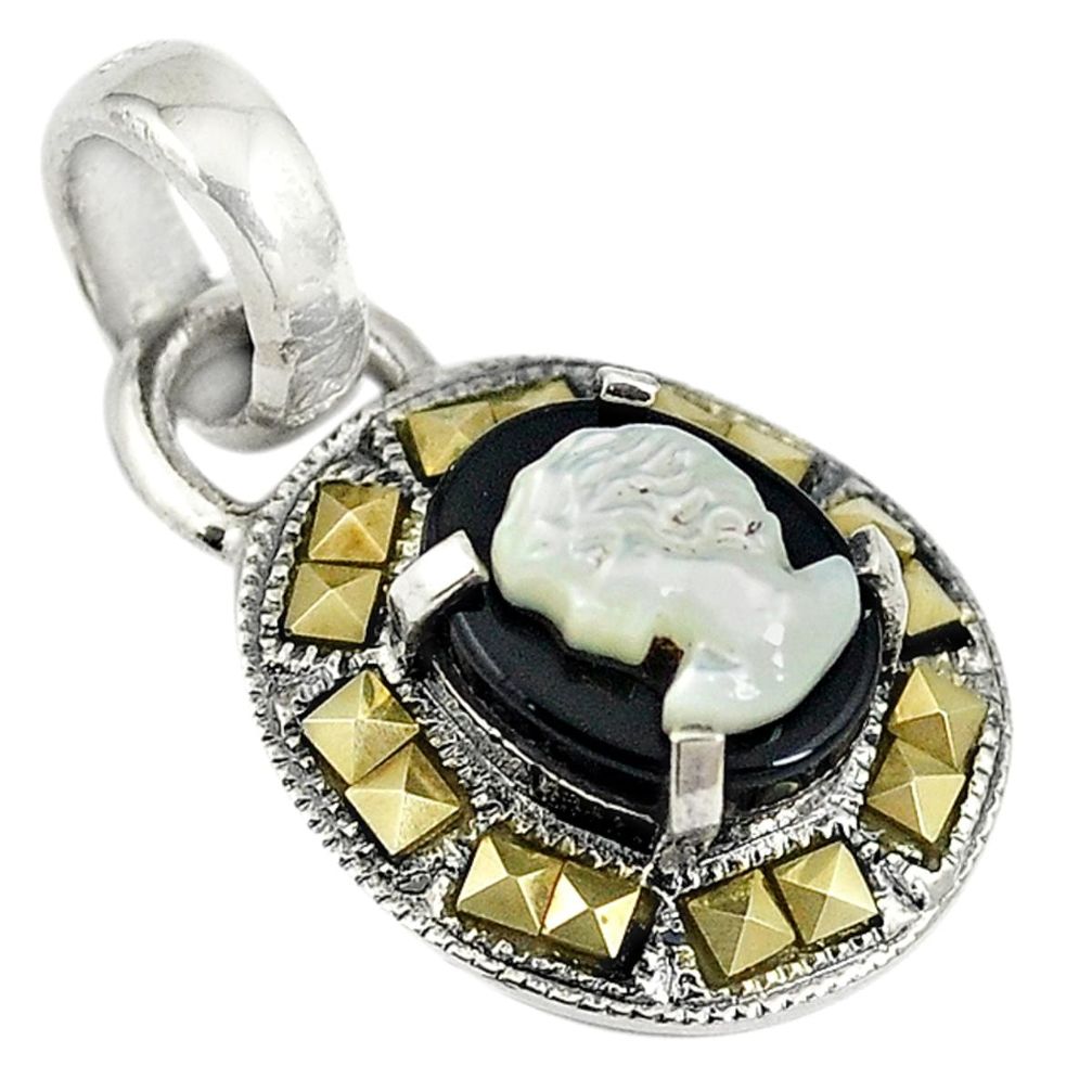 925 silver natural white blister pearl carved lady face marcasite pendant a74131