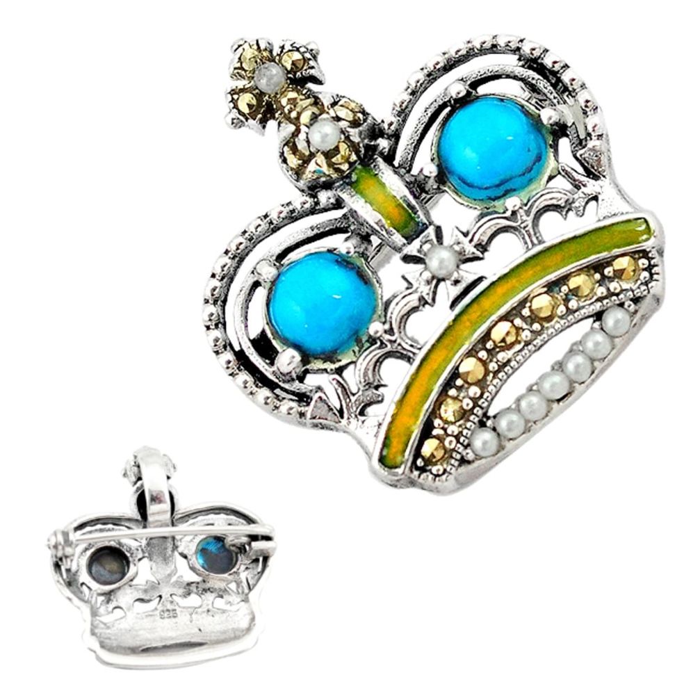 925 silver fine blue turquoise marcasite enamel crown brooch pendant a74154