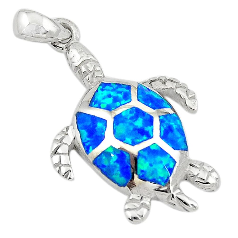 Blue australian opal (lab) enamel 925 silver turtle pendant jewelry a74225