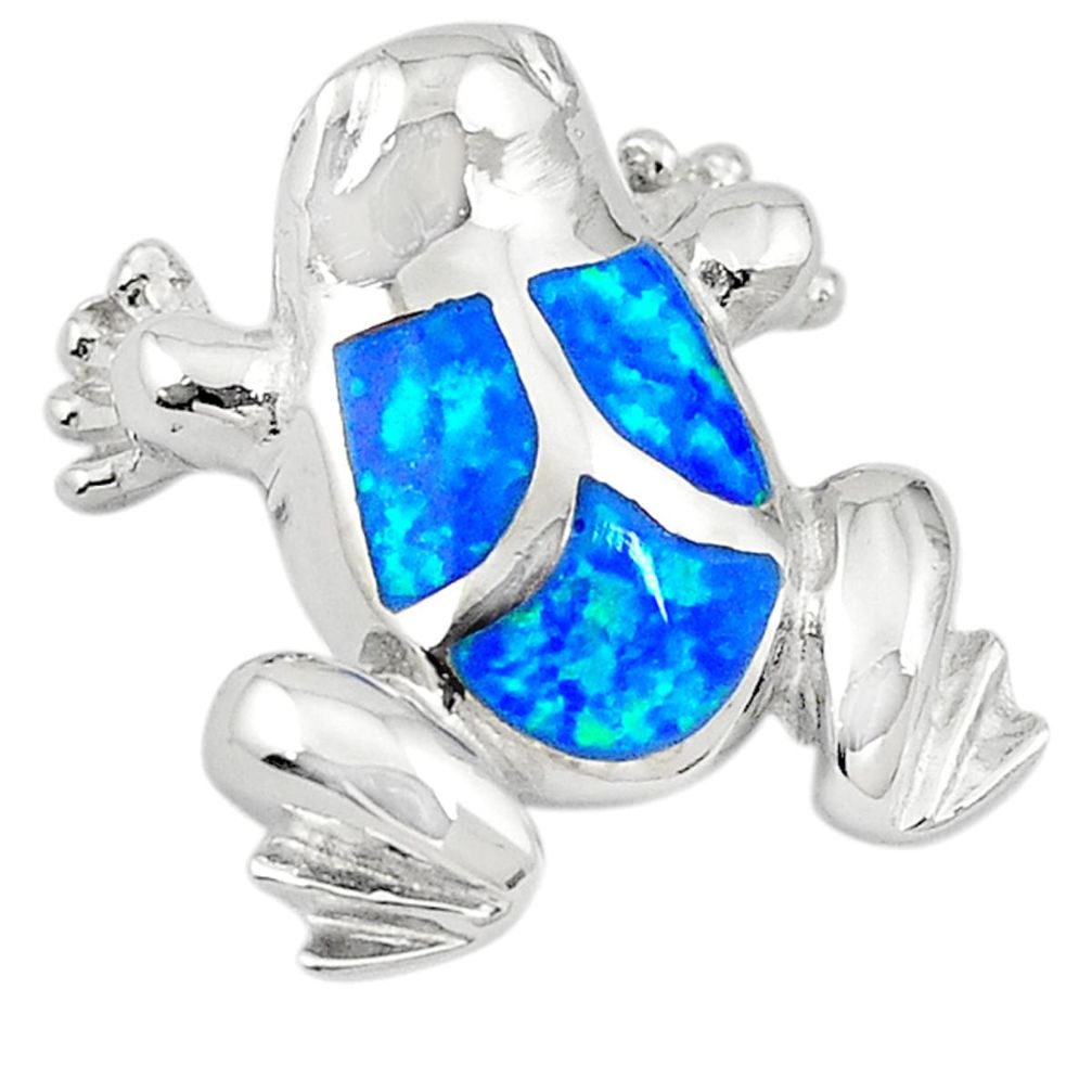 Blue australian opal (lab) enamel 925 sterling silver frog pendant a74240