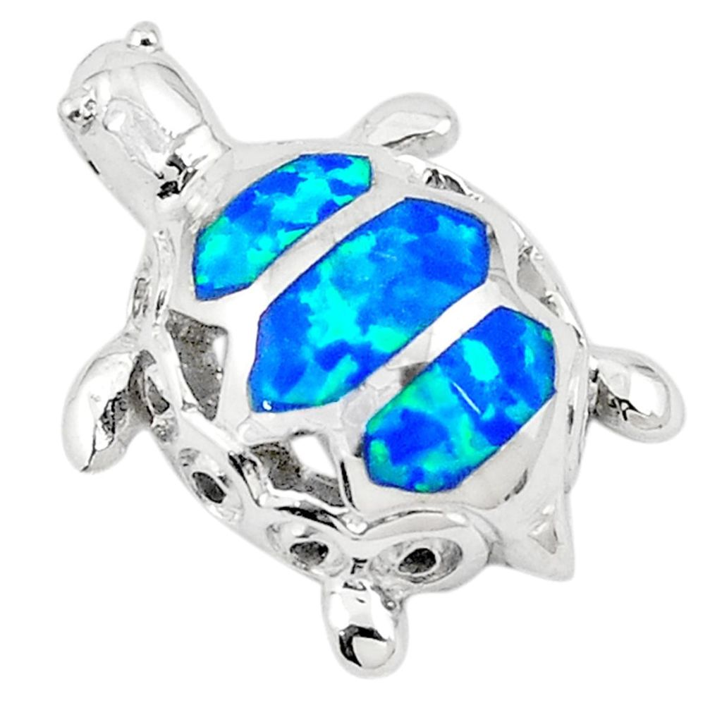 Blue australian opal (lab) enamel 925 silver turtle pendant jewelry a74242