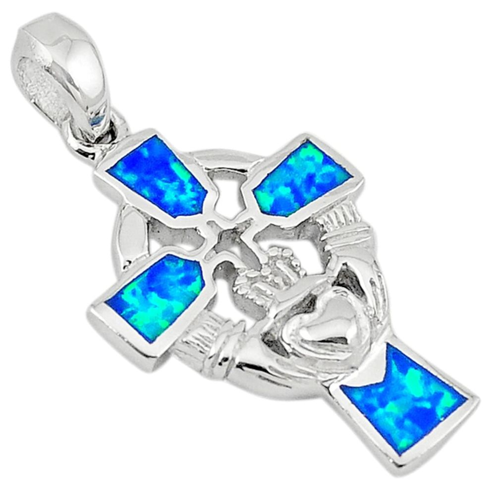 925 silver blue australian opal (lab) enamel holy cross pendant jewelry a74244