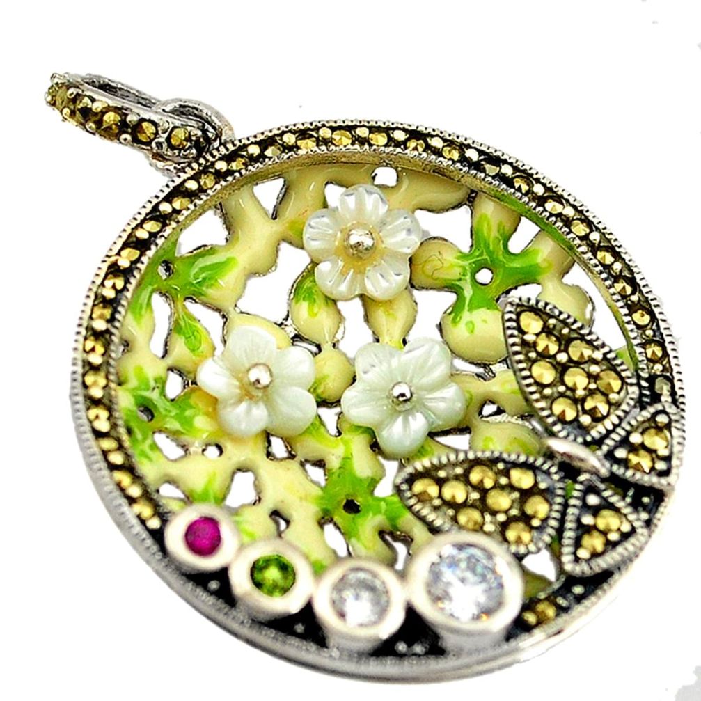 Natural white topaz marcasite enamel 925 silver butterfly pendant a74317