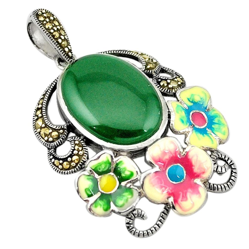 Natural green chalcedony marcasite enamel 925 silver flower pendant a74323