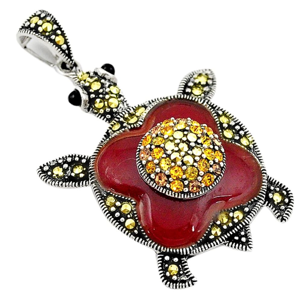 Natural honey onyx marcasite topaz 925 sterling silver turtle pendant a74347