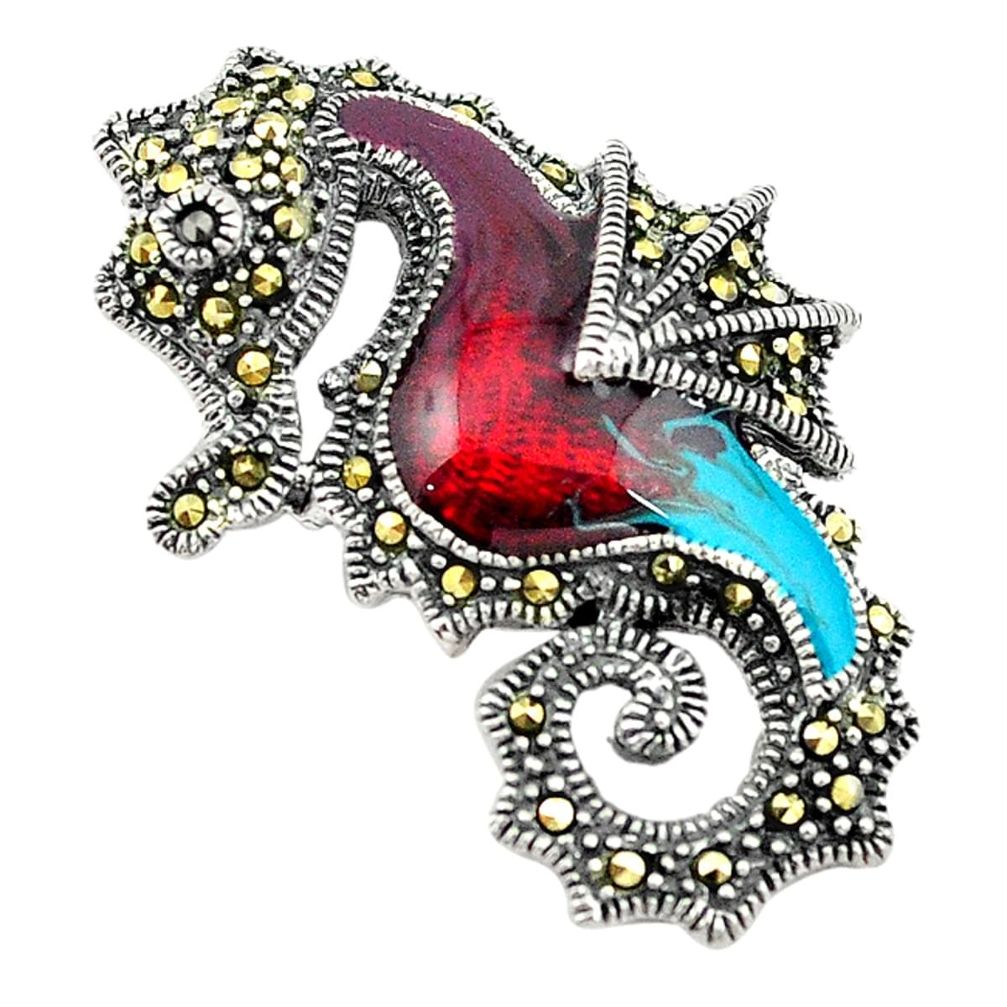 Fine marcasite enamel 925 sterling silver seahorse pendant jewelry a74370