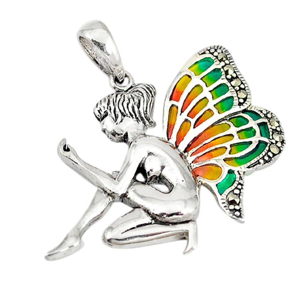 Fine marcasite enamel 925 sterling silver angel pendant jewelry a74626