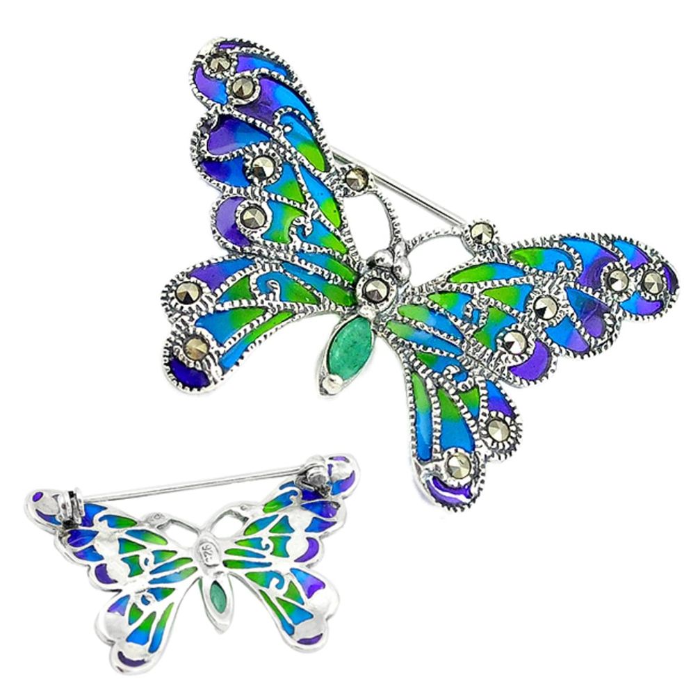 925 silver natural green emerald marcasite enamel butterfly pendant a74679