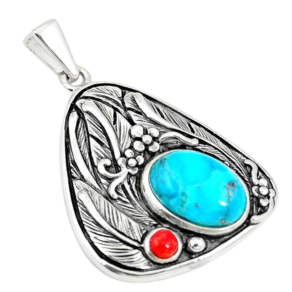 Southwestern blue copper turquoise coral 925 silver pendant a75404