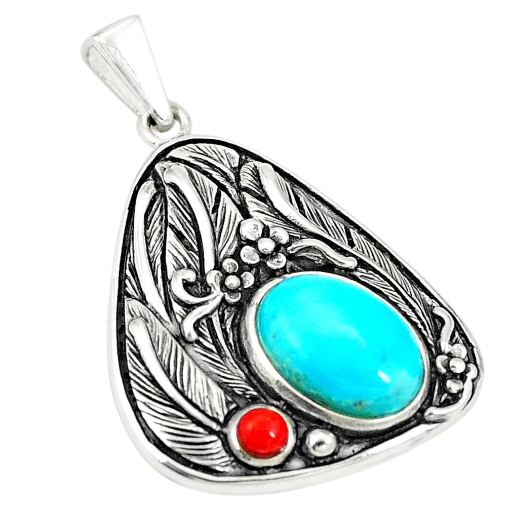 Southwestern blue copper turquoise coral 925 silver pendant a75406