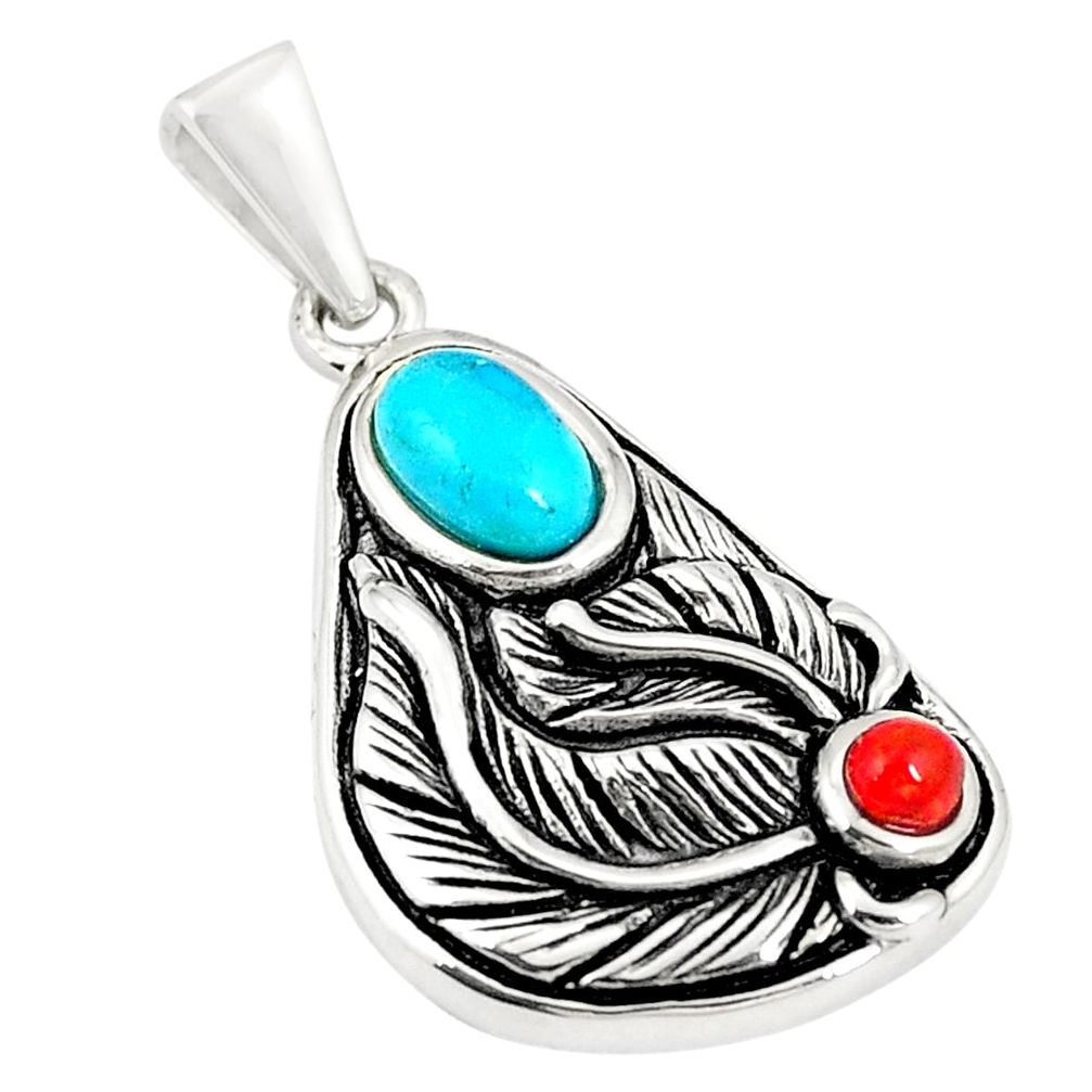 Southwestern blue copper turquoise coral 925 silver pendant a75408