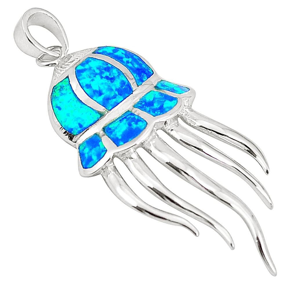 Blue australian opal (lab) topaz enamel 925 silver octopus pendant a76421