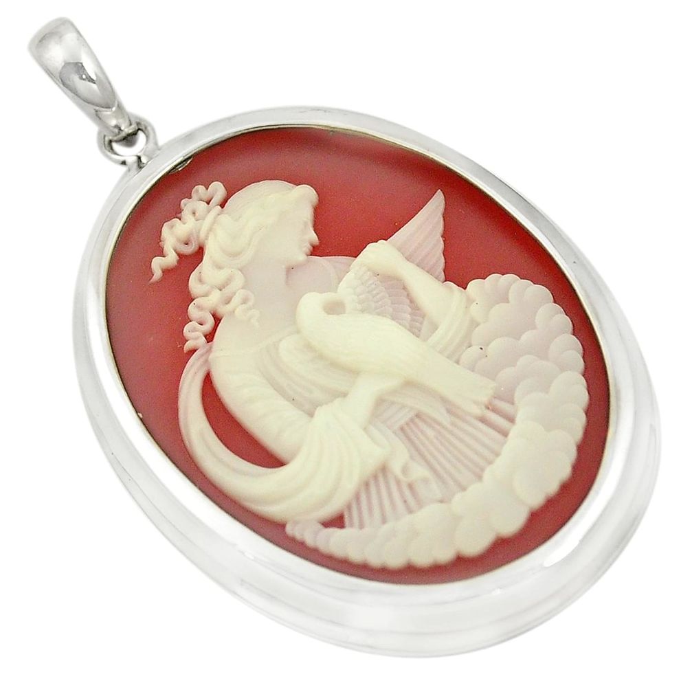 White lady bird cameo oval 925 sterling silver pendant jewelry a78296