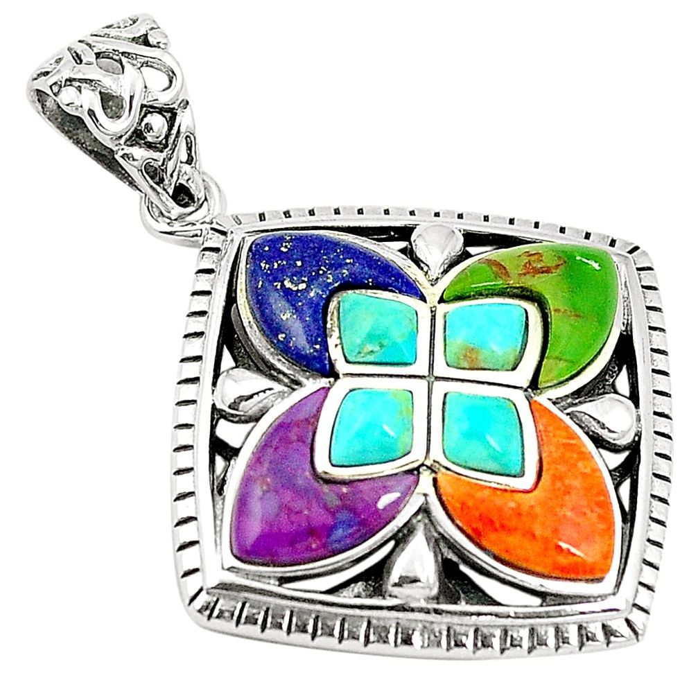 Southwestern multi color copper turquoise 925 silver pendant a78518