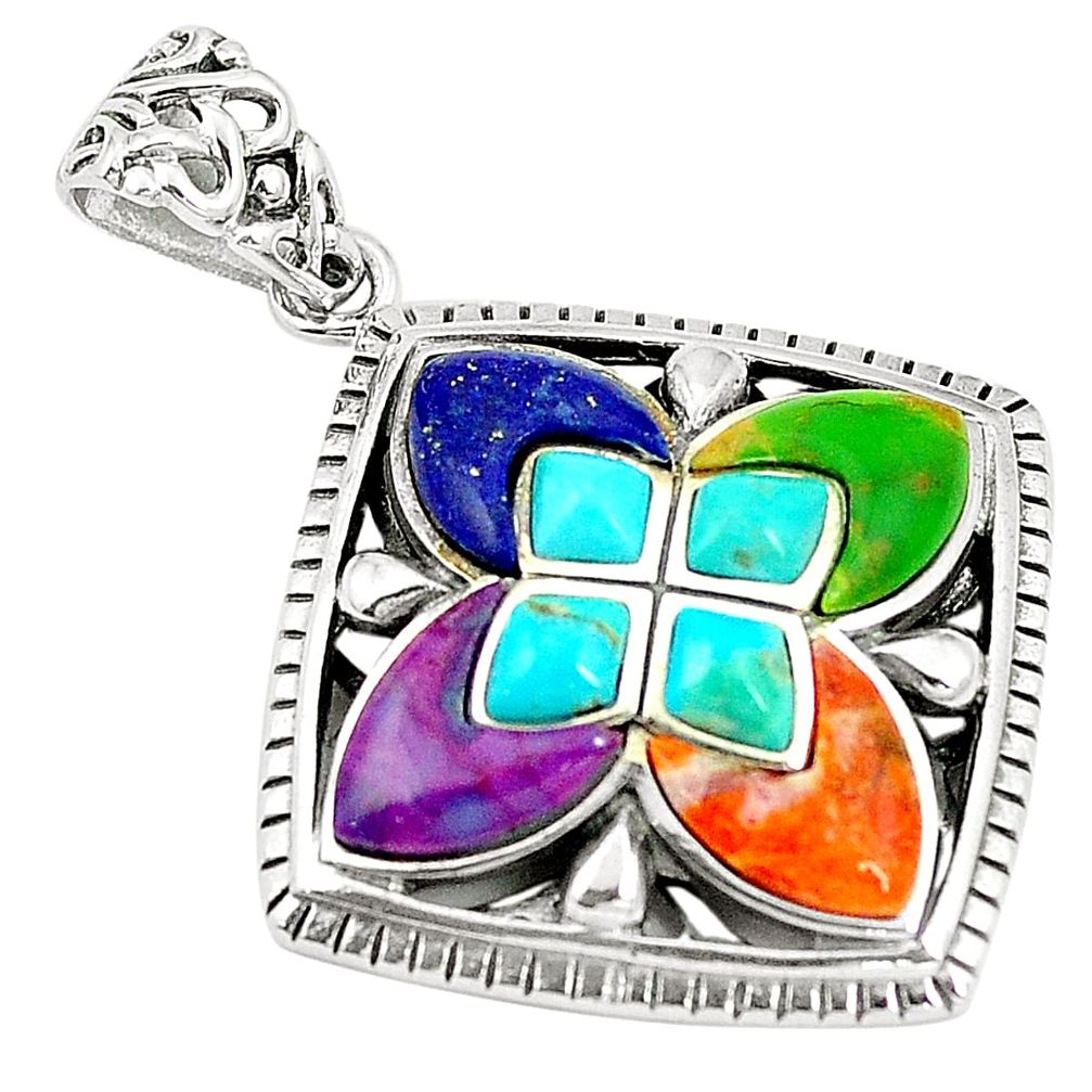 Southwestern multi color copper turquoise 925 silver pendant a78560