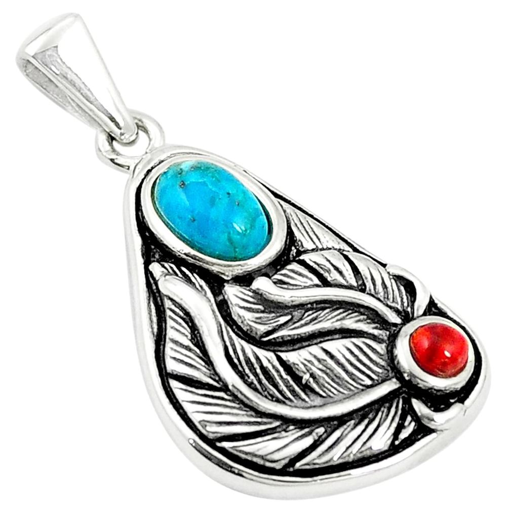 Southwestern blue copper turquoise coral 925 silver pendant a78579