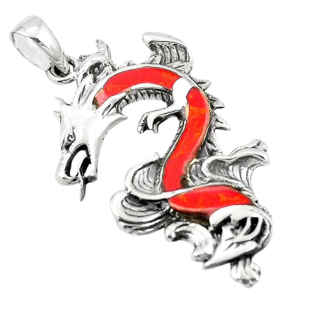 Red coral enamel 925 sterling silver dragon pendant jewelry a79658