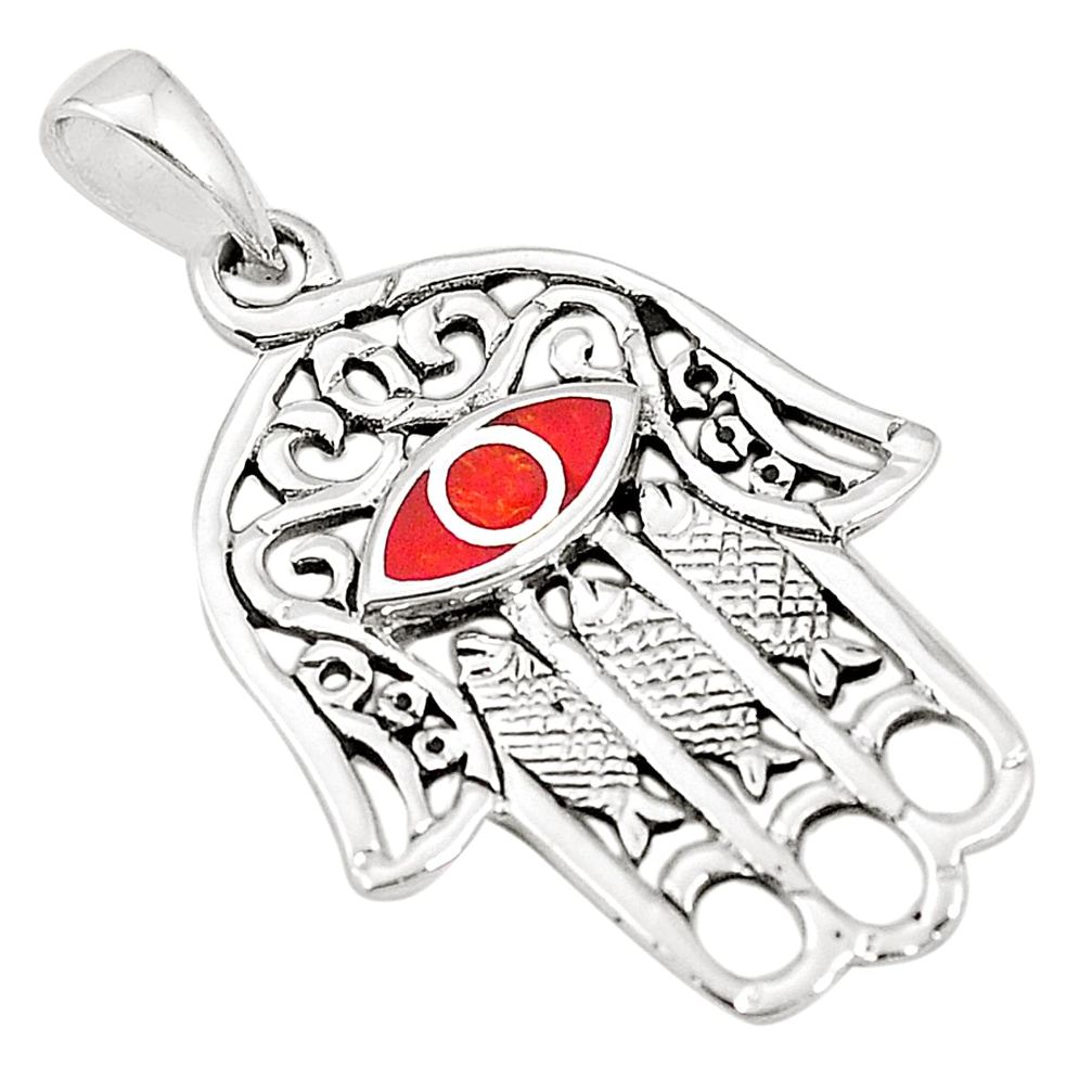 Red coral enamel 925 sterling silver hand of god hamsa pendant a79661