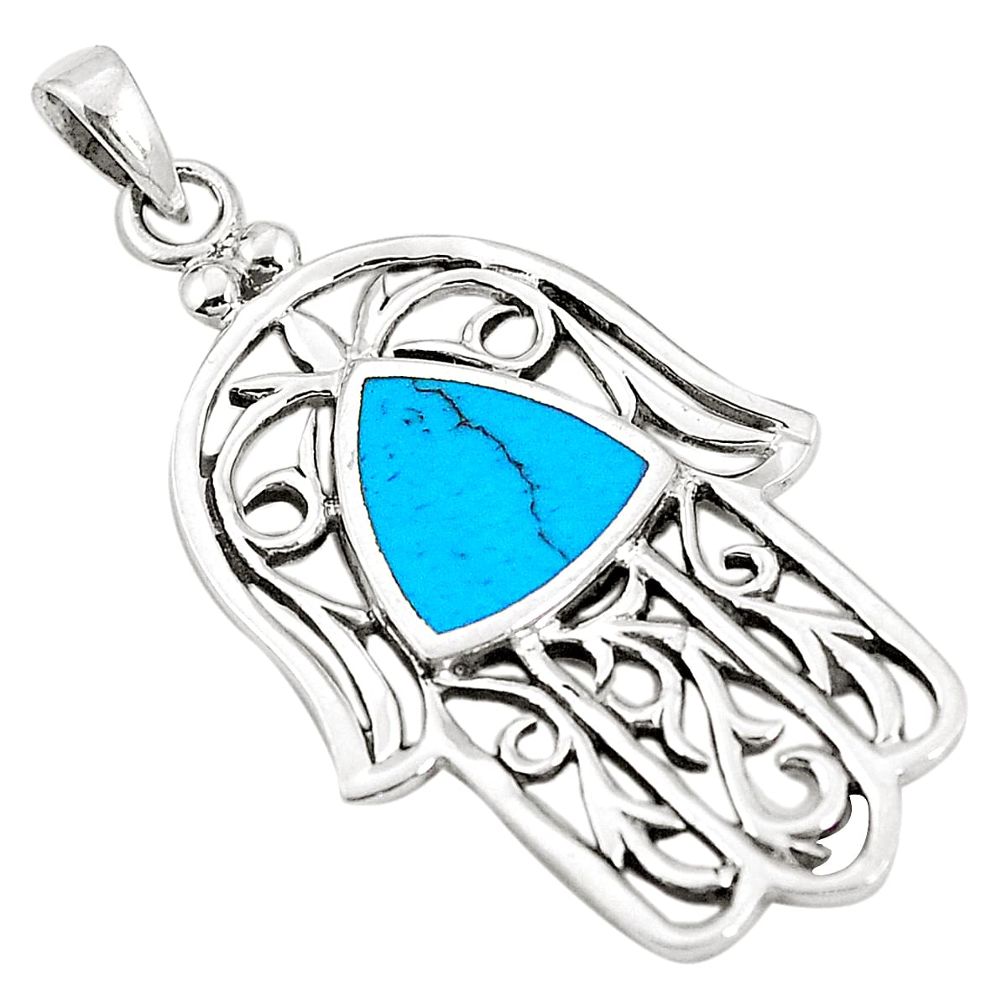 Fine blue turquoise enamel 925 silver hand of god hamsa pendant a79668