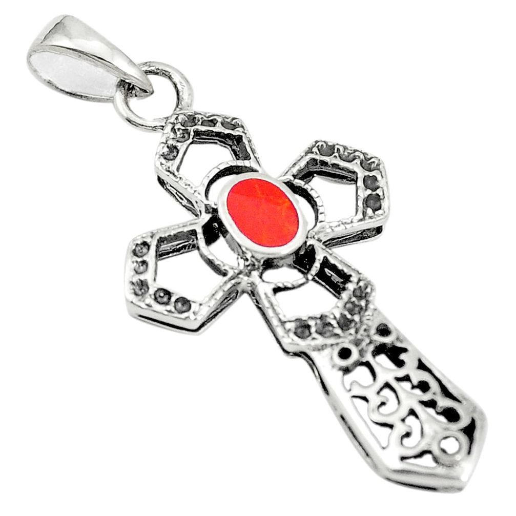 Red coral enamel 925 sterling silver holy cross pendant jewelry a79691