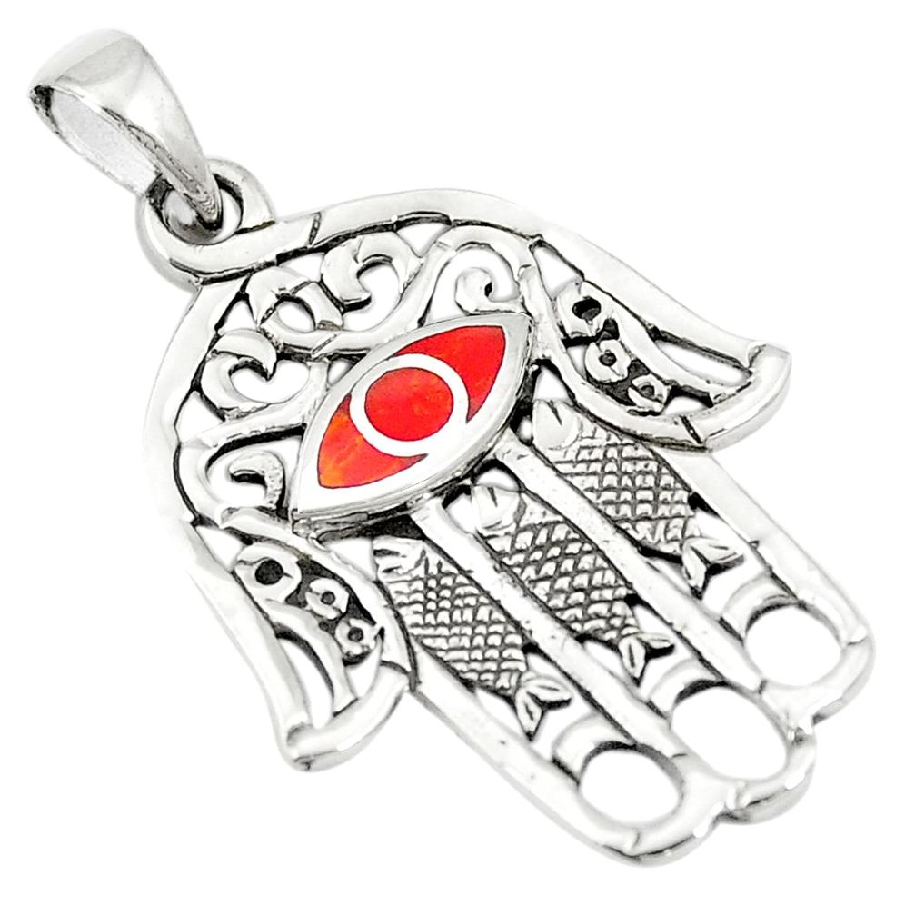 Red coral enamel 925 sterling silver hand of god hamsa pendant a79694