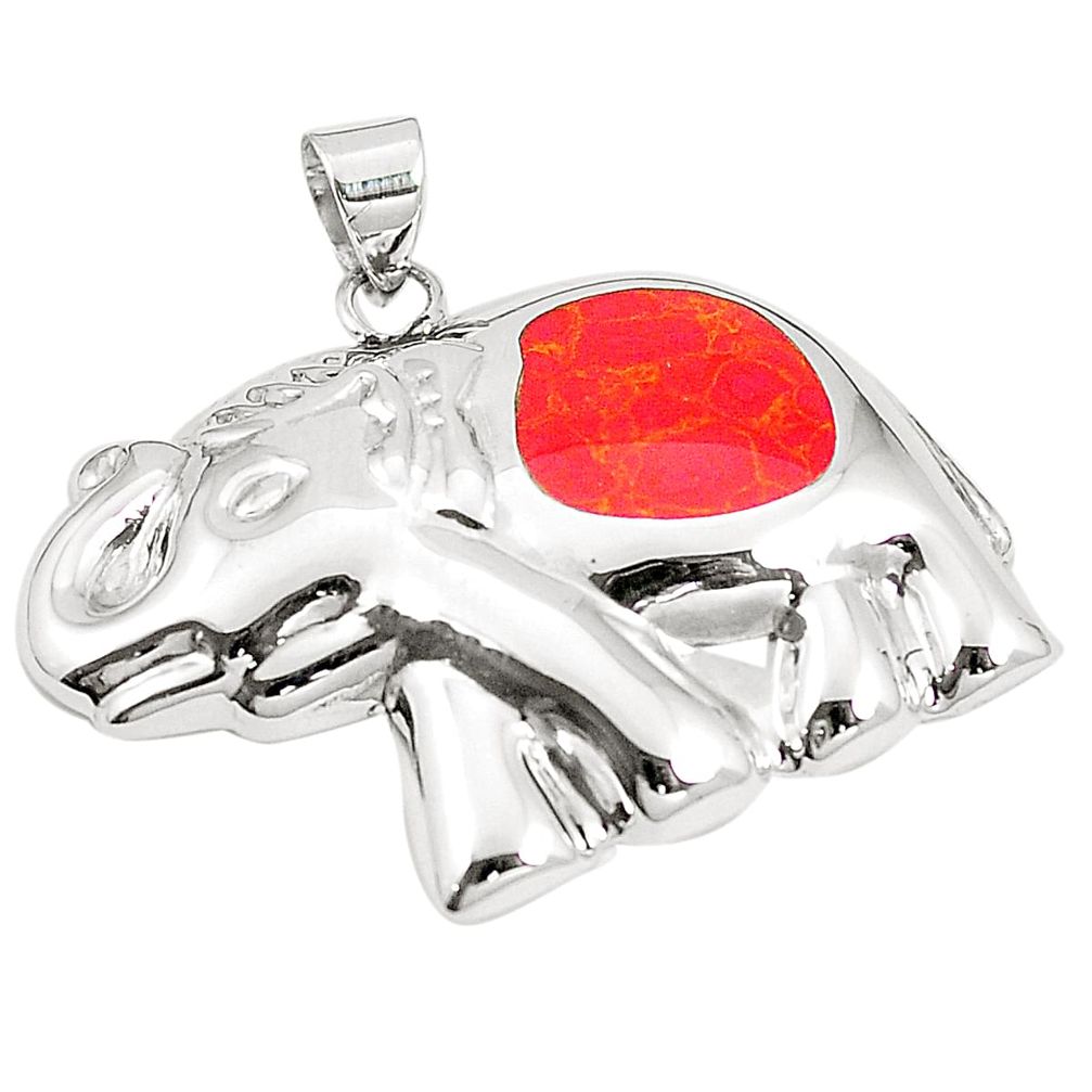 Red coral enamel 925 sterling silver elephant pendant jewelry a79702