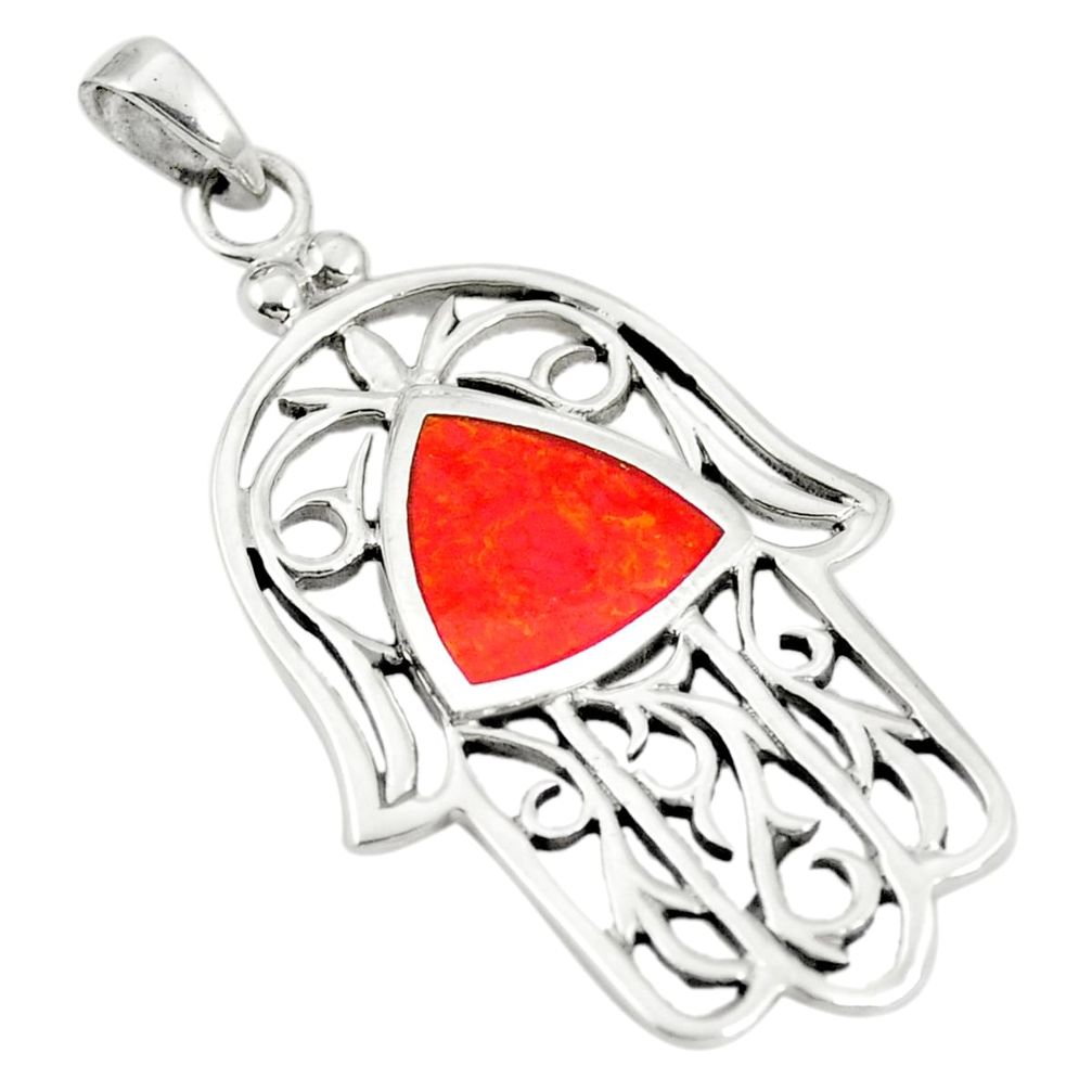 925 sterling silver red coral enamel hand of god hamsa pendant a79740