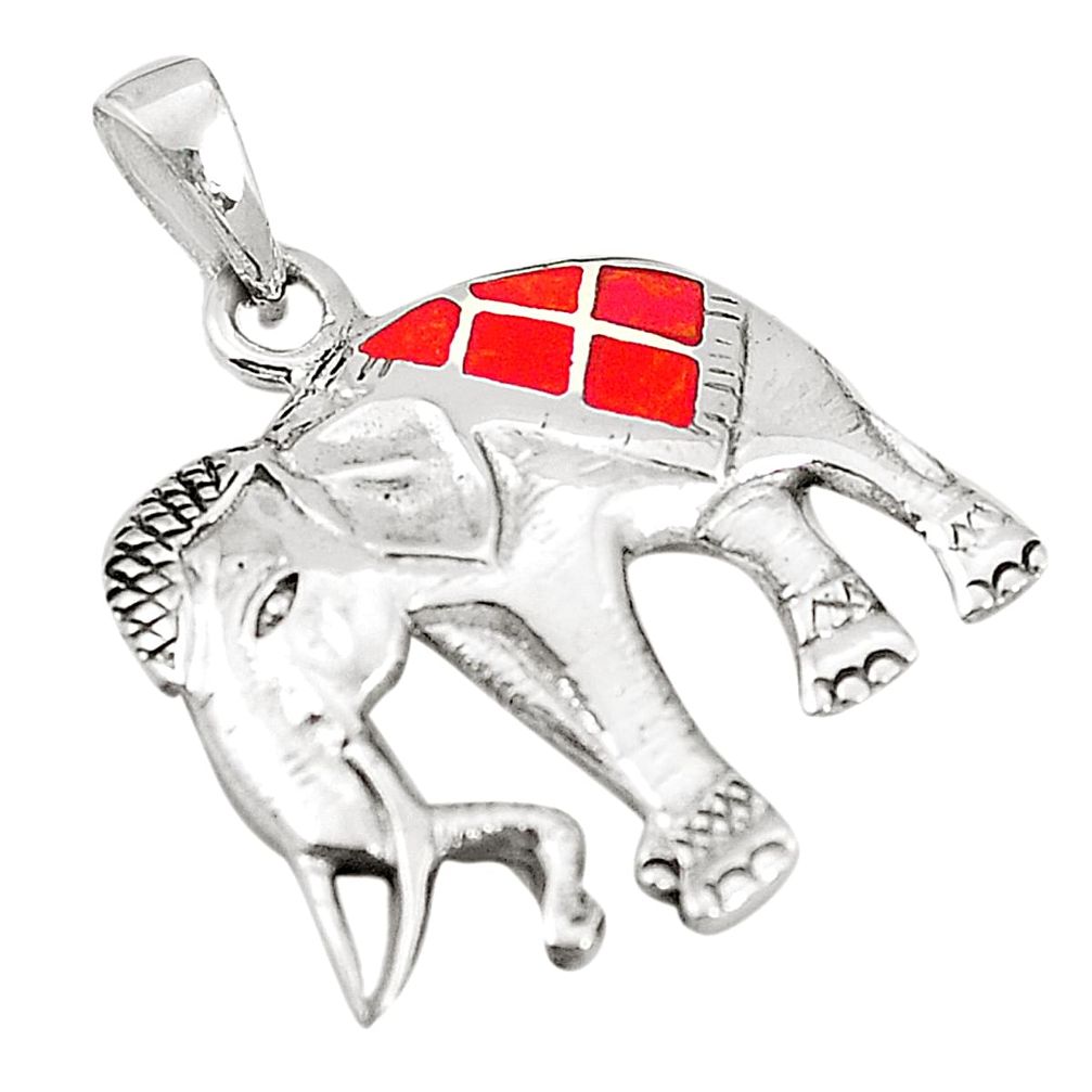 Red coral enamel 925 sterling silver elephant pendant jewelry a79743