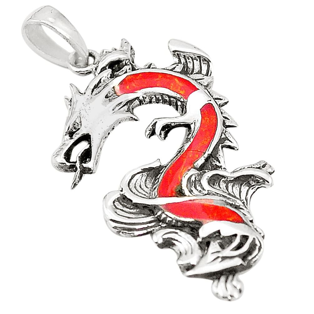 Red coral enamel 925 sterling silver dragon pendant jewelry a79748