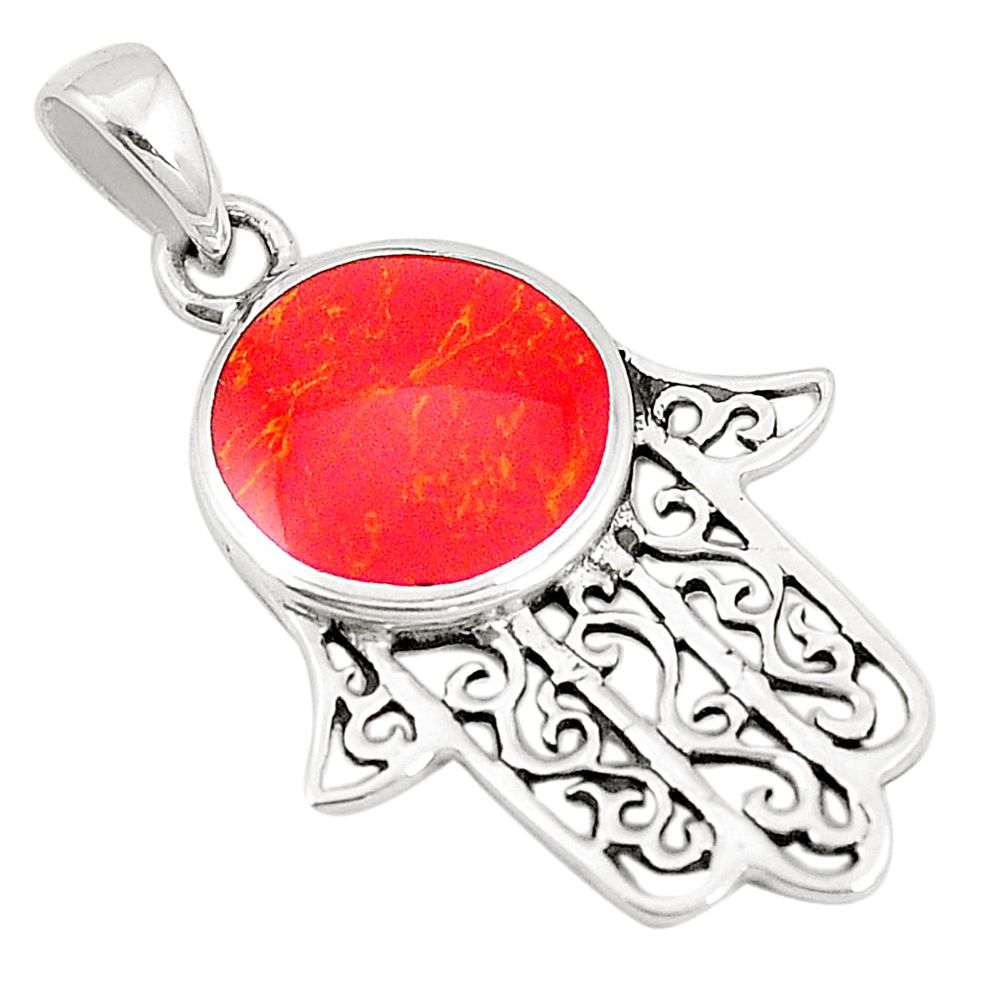 Red coral enamel 925 sterling silver hand of god hamsa pendant a79753