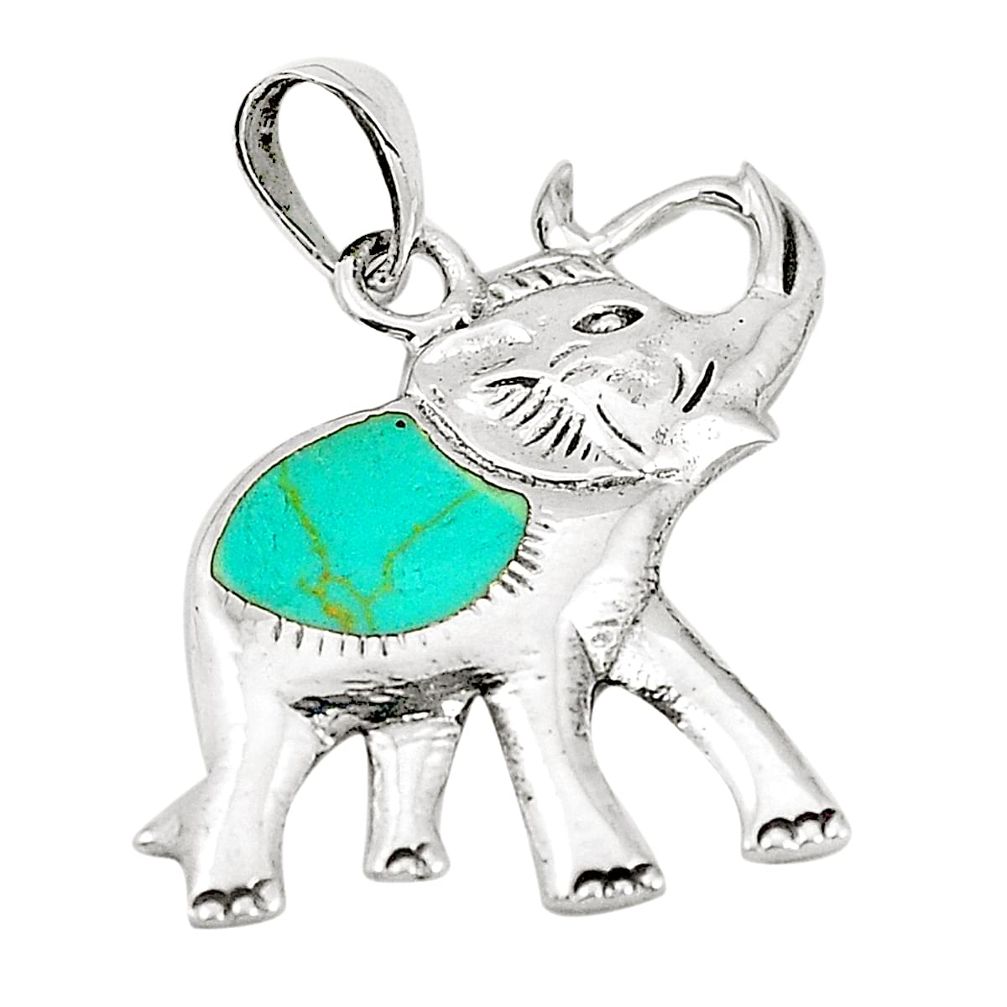 Fine green turquoise enamel 925 sterling silver elephant pendant a79756