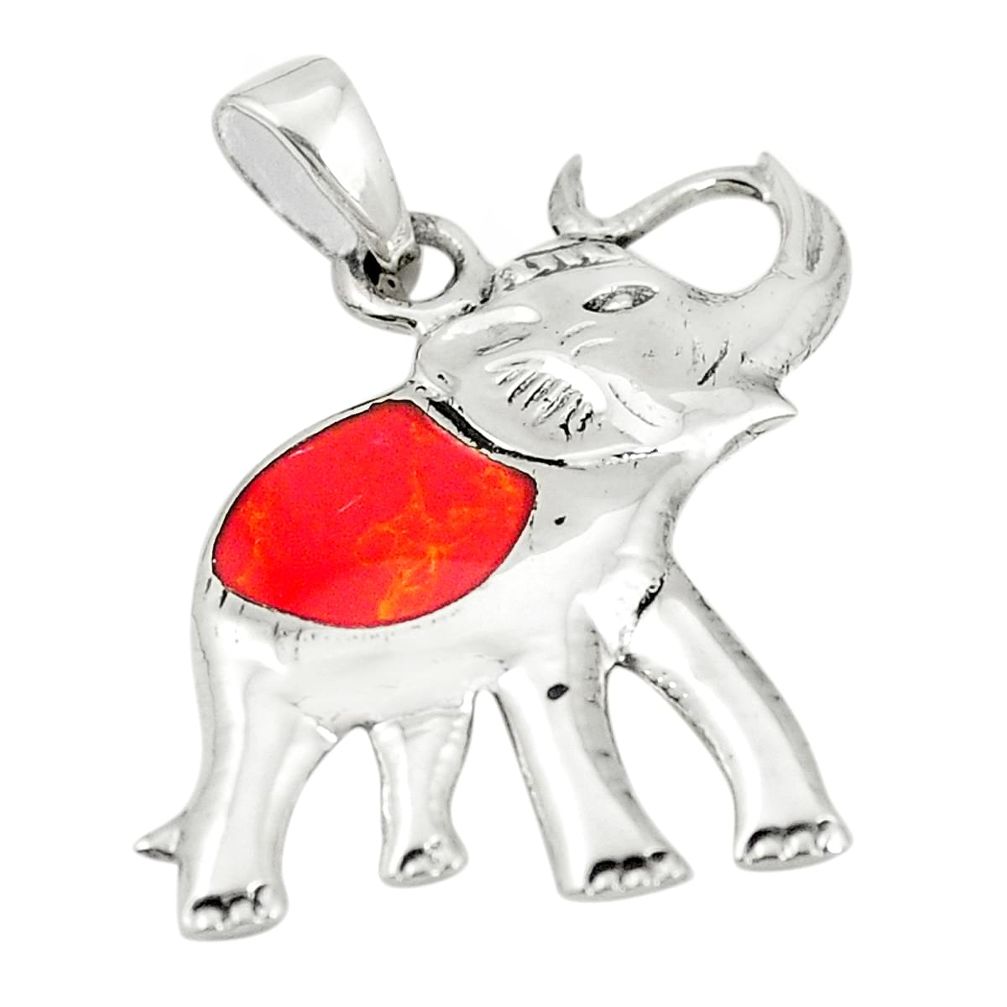Red coral enamel 925 sterling silver elephant pendant jewelry a79761