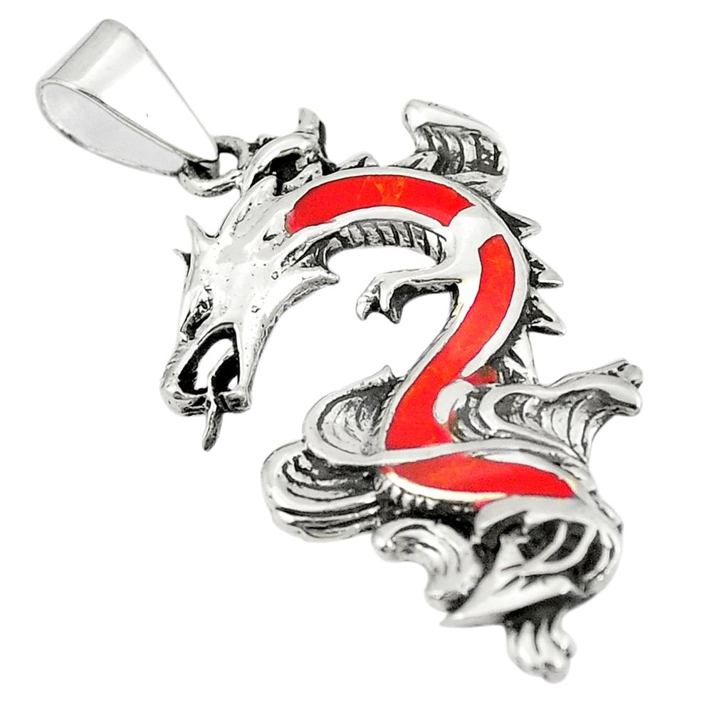 Red coral enamel 925 sterling silver dragon pendant jewelry a79765