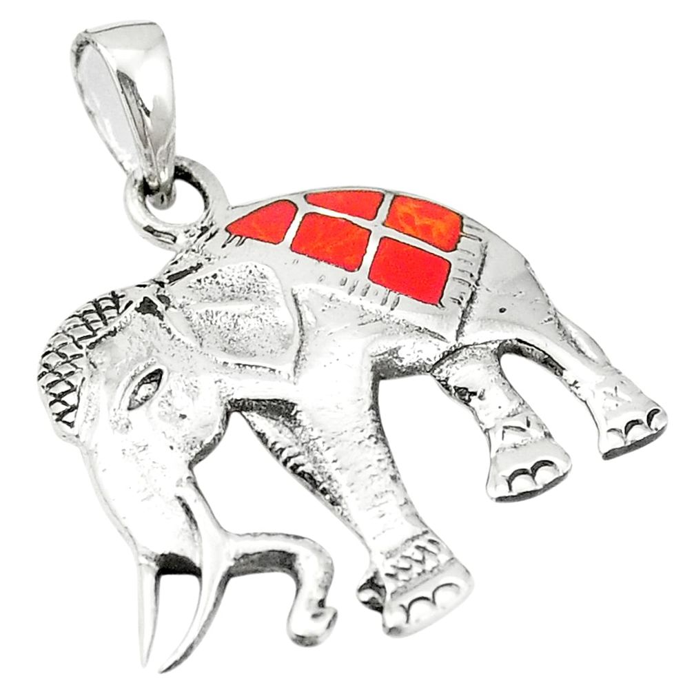 Red coral enamel 925 sterling silver elephant pendant jewelry a79775