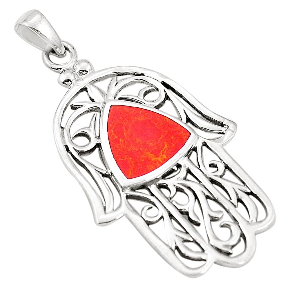 Red coral enamel 925 sterling silver hand of god hamsa pendant a79782