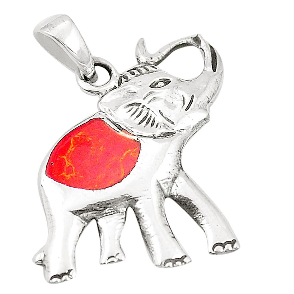 Red coral enamel 925 sterling silver elephant pendant jewelry a79784