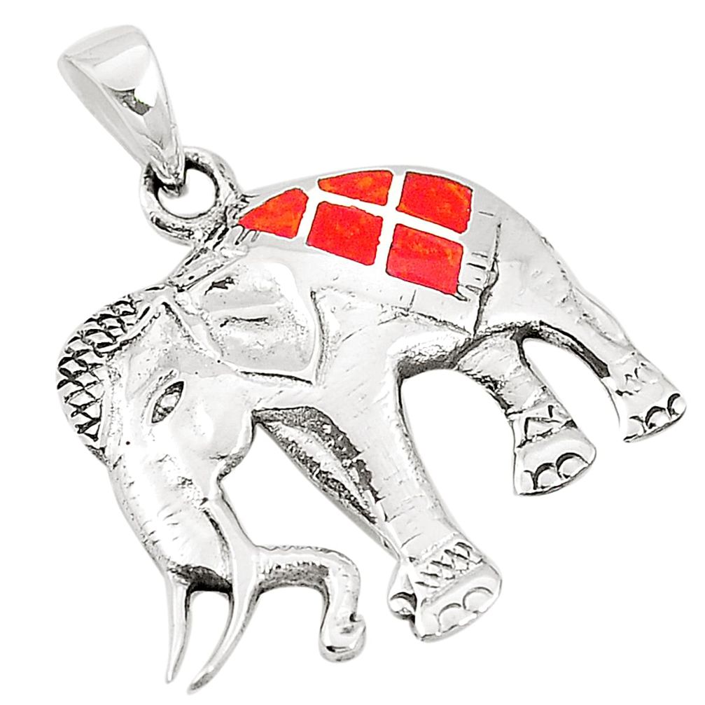 Red coral enamel 925 sterling silver elephant pendant jewelry a79788