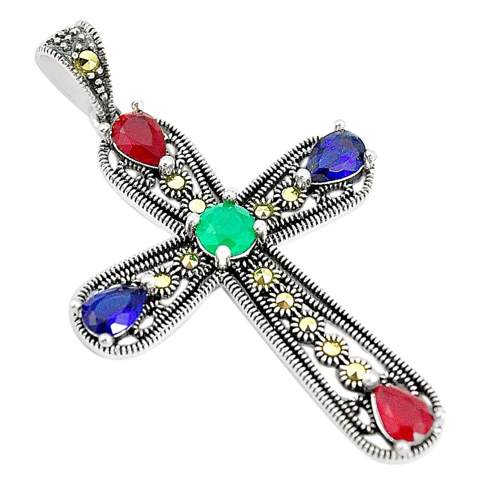 Red ruby quartz marcasite 925 sterling silver holy cross pendant a80403