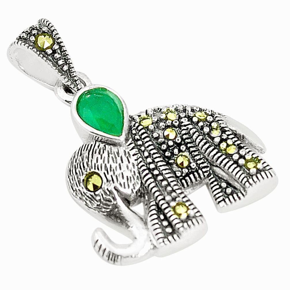 Green emerald quartz marcasite 925 silver elephant pendant a80411