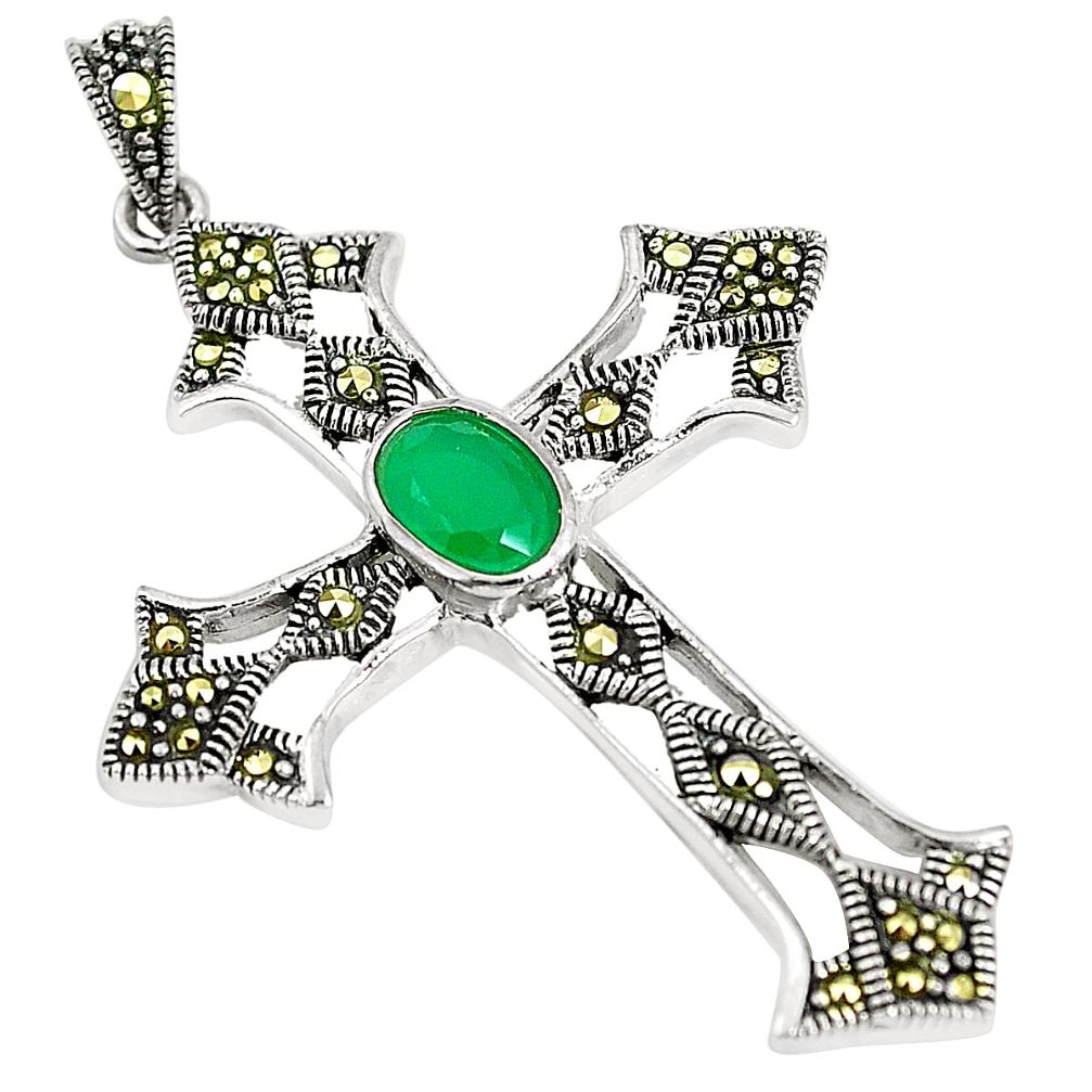 Green emerald quartz marcasite 925 silver holy cross pendant a80422